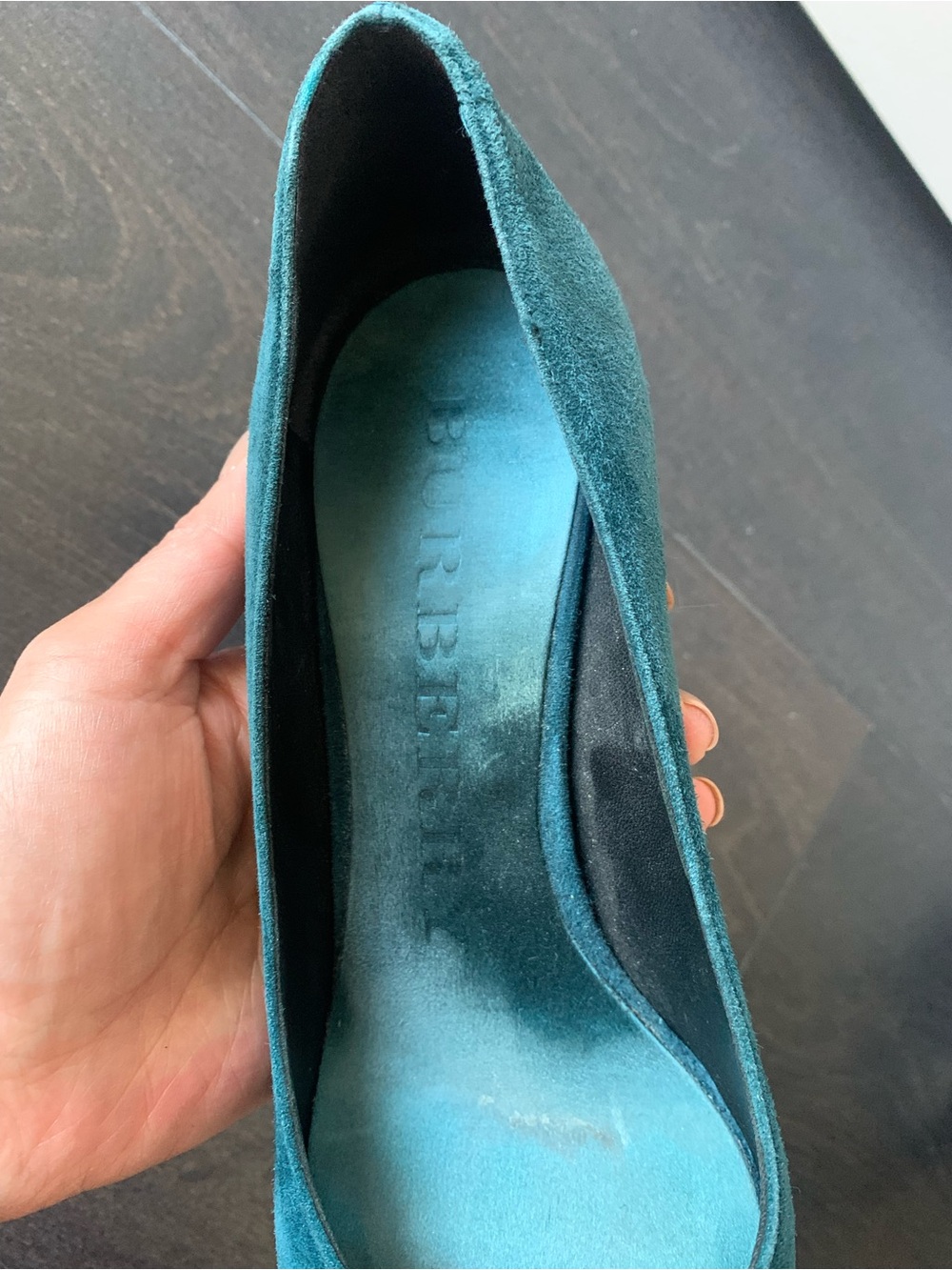 Burberry Teal Suede Pointed-Toe Pumps - Picture 3 of 4